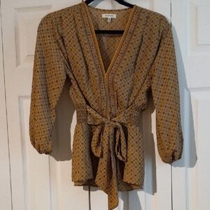 Zara Mustard,burgundy And Black Patterned Blouse with Tie Waist